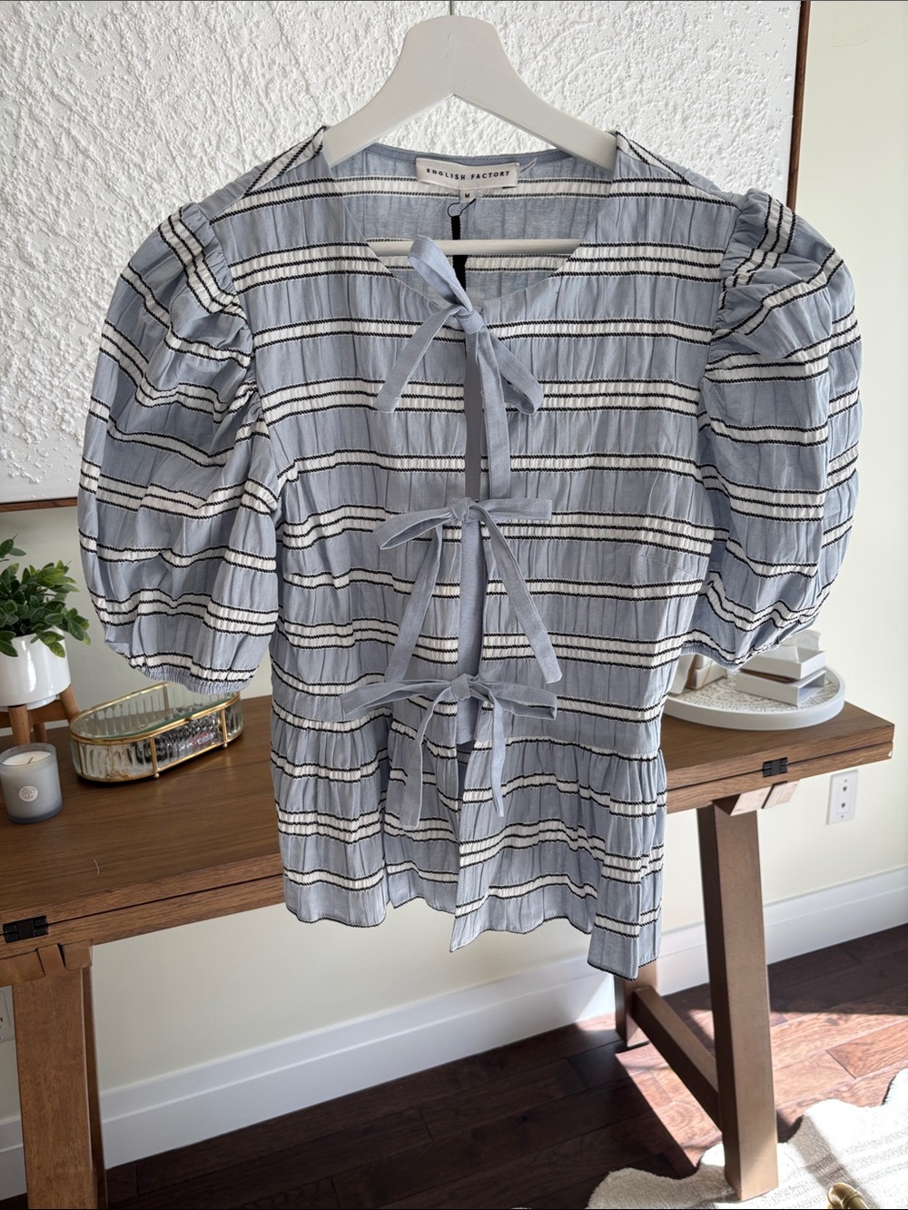 English Factory Light Blue Striped Tie-Back Puff Sleeve Blouse